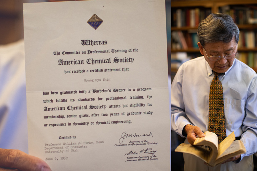 Left: Shin holds up his certificate from the American Chemical Society. Right: Shin flips through an aged book.