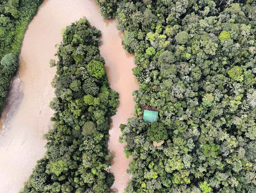 Aerial photo of the Gayepare research Station in the Amazon jungle on the banks of the Nushino River.