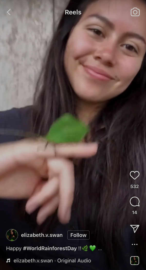 Screenshot of Elizabeth Swanson Andi's Instagram reel showing her holding an insect on her finger.