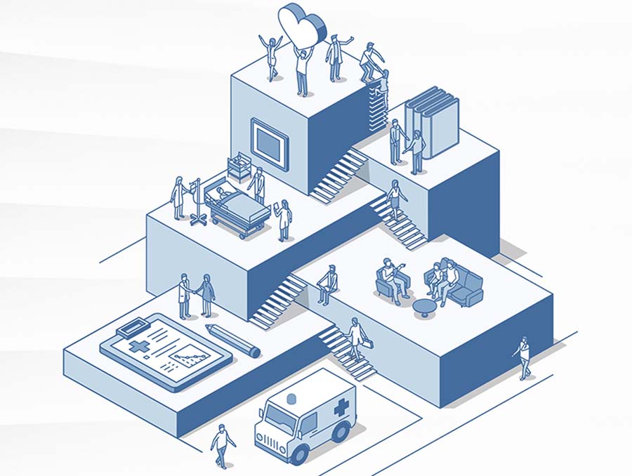 An illustration of various blocks connected by stairs displaying various scenes including a person walking in front of an ambulance, a larger-than-life clipboard and pencil on the ground with two people shaking hands behind it, a group of people sitting on couches talking, doctors surrounding a patient in a bed with a baby in a crib behind them, two people talking in front of a giant stack of books. and people cheering holding a human sized heart shape. 