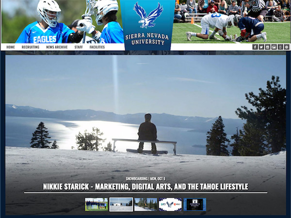 SNU Tahoe Eagles homepage showing images of the lacrosse team and a snow boarder overlooking Lake Tahoe from a snowy vista