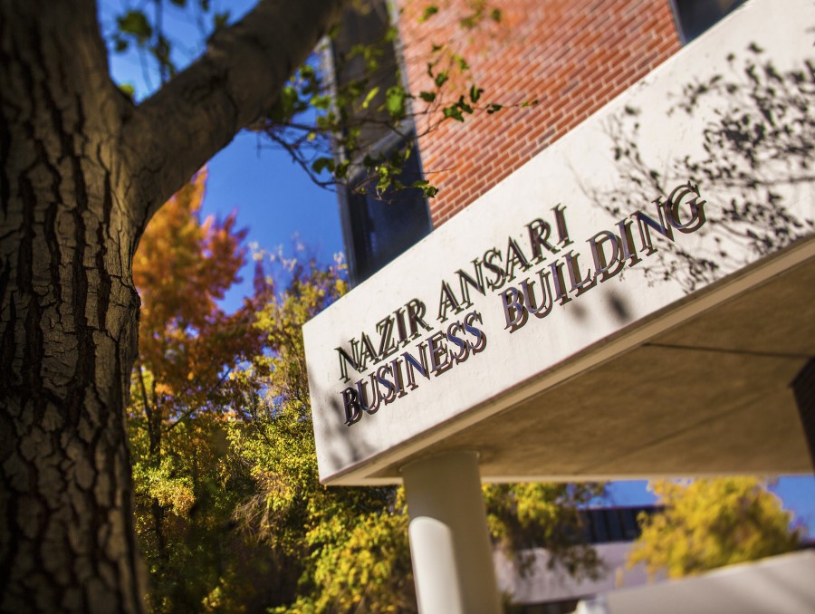 "Nazir Ansari Business Building" is written above the entrance to the University of Nevada, Reno business building.