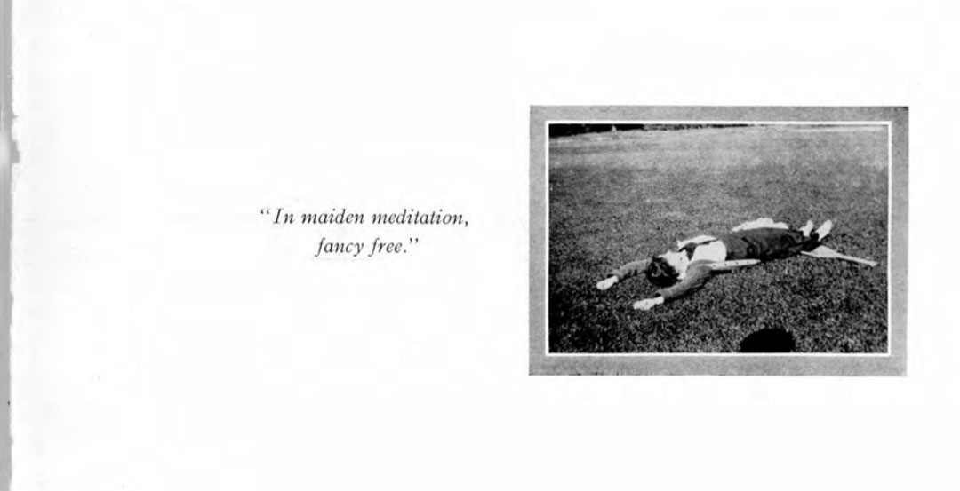 Text that reads, "In maiden meditation, fancy free" next to a photo of Durfee laying on the grass.