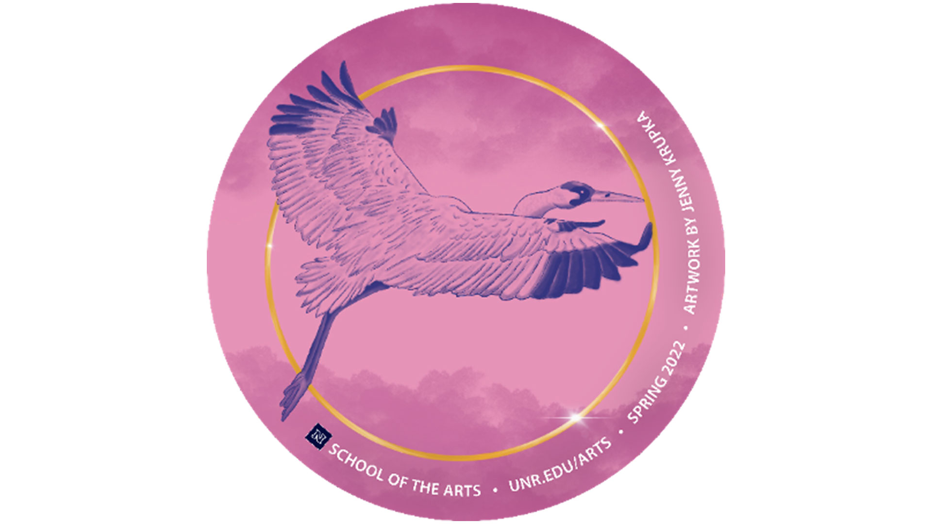 Spring 2022 Sticker featuring drawing of crane flying in clouds