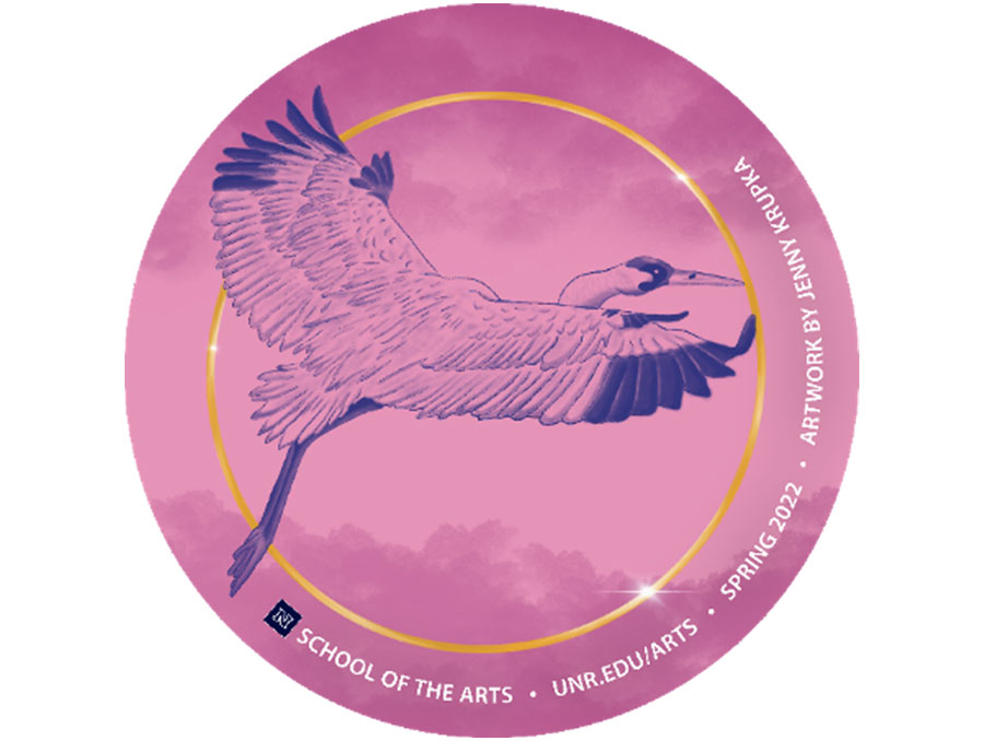 Spring 2022 Sticker Winner featuring drawing of a crane flying in the clouds