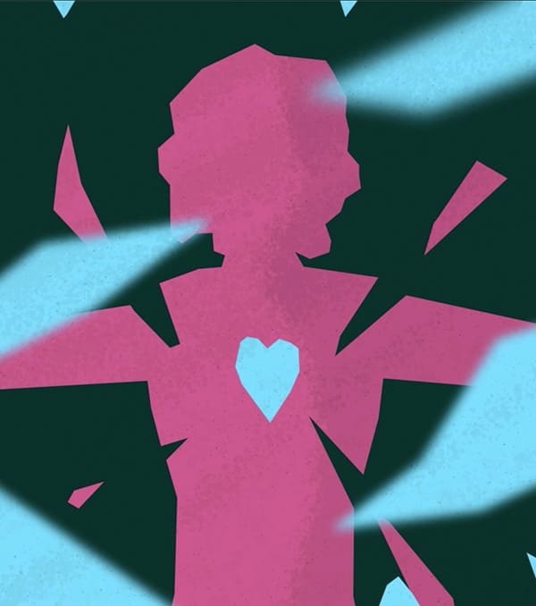 An animated graphic of a pink woman figure with parts of her broken away and a blue heart in her chest.