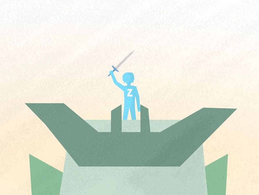 An illustration of a boy with the letter "Z" on his chest standing on the top of a green castle and holding a sword above his head.