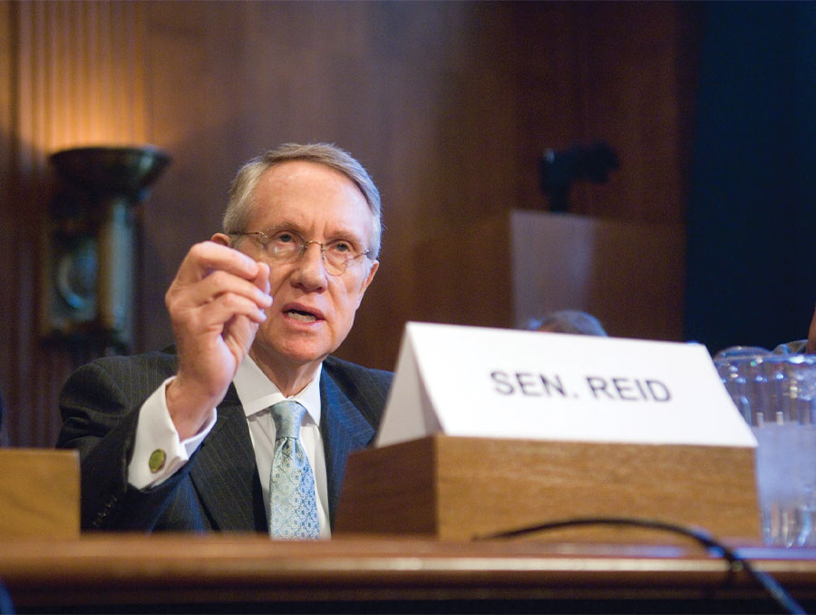 Senator Harry Reid pictured speaking during a legislative call