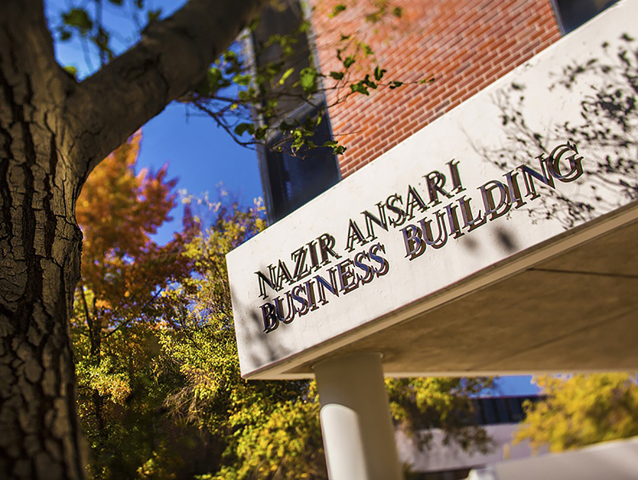 The Nazir Ansari Business Building sign on the University of Nevada, Reno campus.