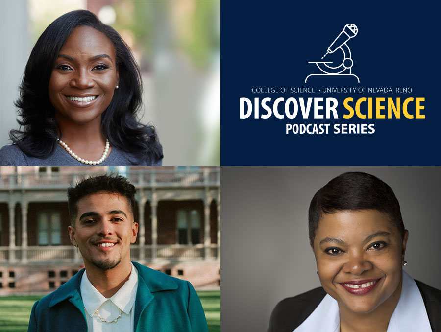 Kizzmekia Corbett, Christopher Sanchez and Melanie Duckworth in a collage with the Discover Science podcast identifier.