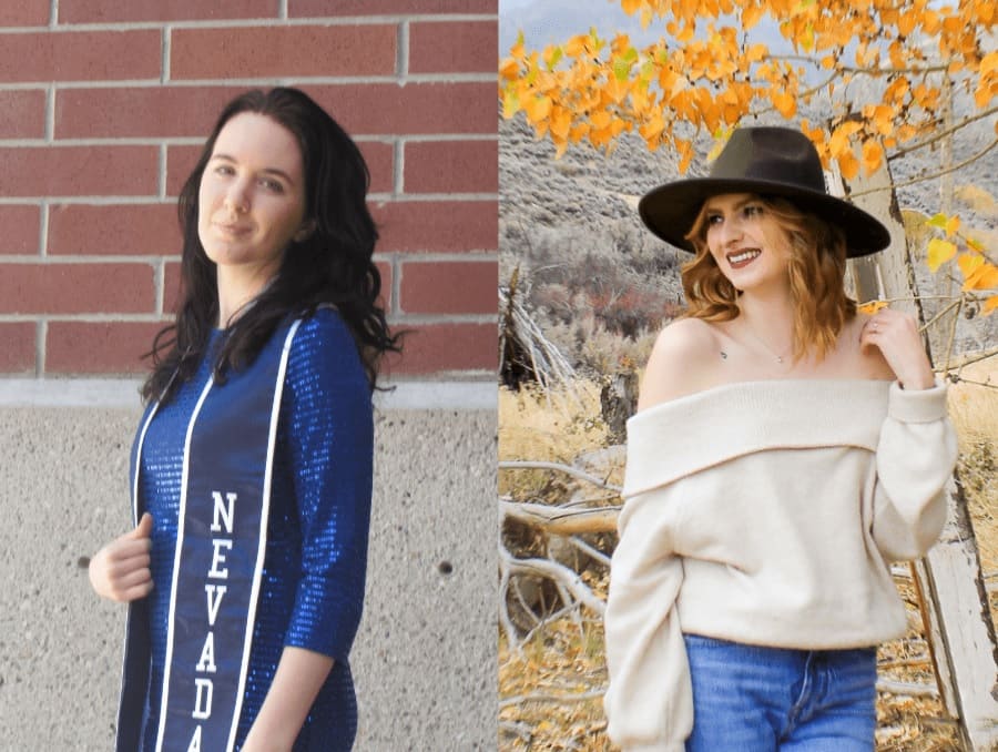 On the left is a picture of Faith Evans in front of a brick wall wearing graduation sash. On the right is Alina Croft in front of an autumnal tree.