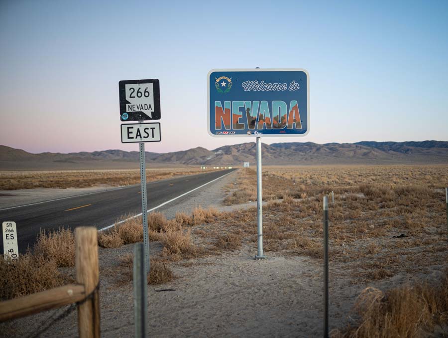 The "Weclome to Nevada" sign posted along a highway in eastern Nevada.