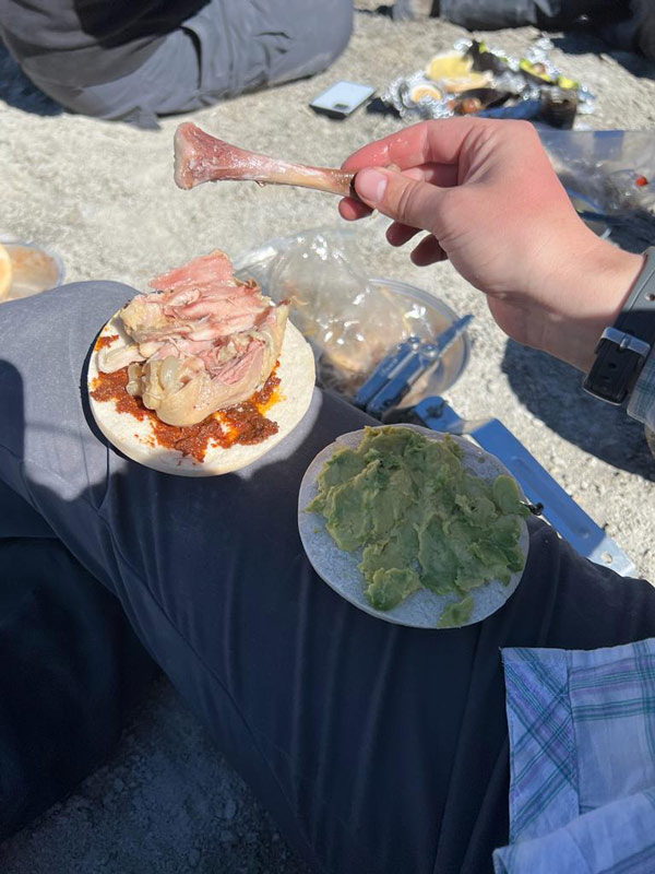 A hand holds a cleaned off chicken bone with more chicken on a plate in the background.