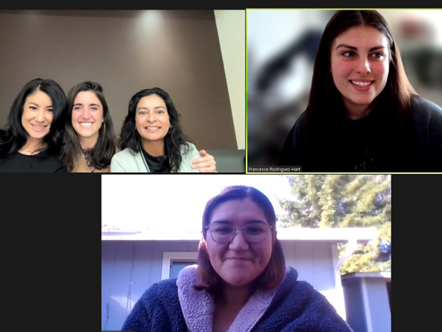 A screengrab from Zoom shows three women in the top left corner, a woman on another screen in the top right corner, and a woman at the bottom in another screen.