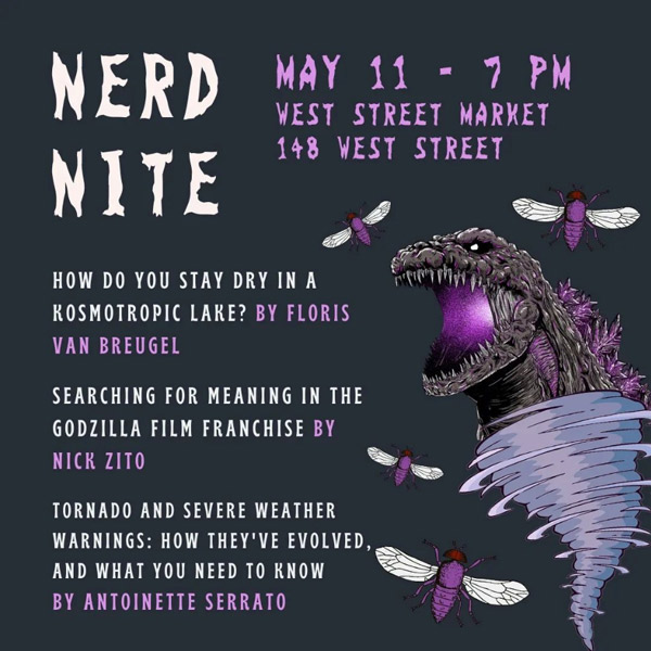 A graphic features the upcoming speakers and talks for May. The graphic includes Godzilla stuck in a tornado surrounded by purple flies.