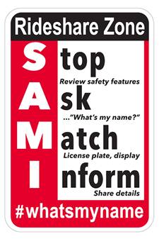 'S.A.M.I' Acronym sign designating what each letter stands for (S - Stop; A - Ask; M - Match; I - Inform).