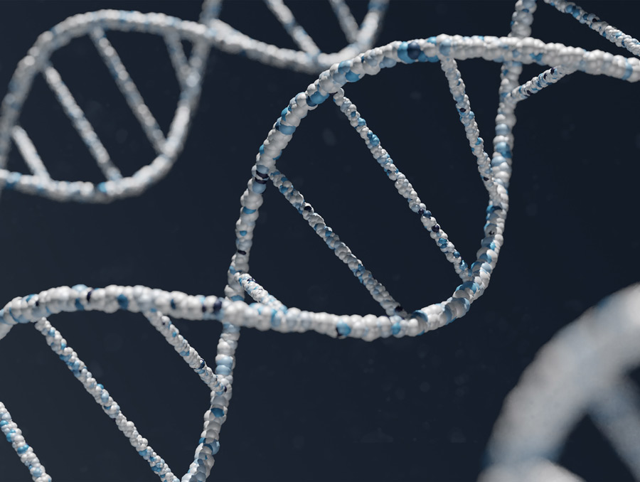 A digital illustration of DNA molecules on a dark blue background.