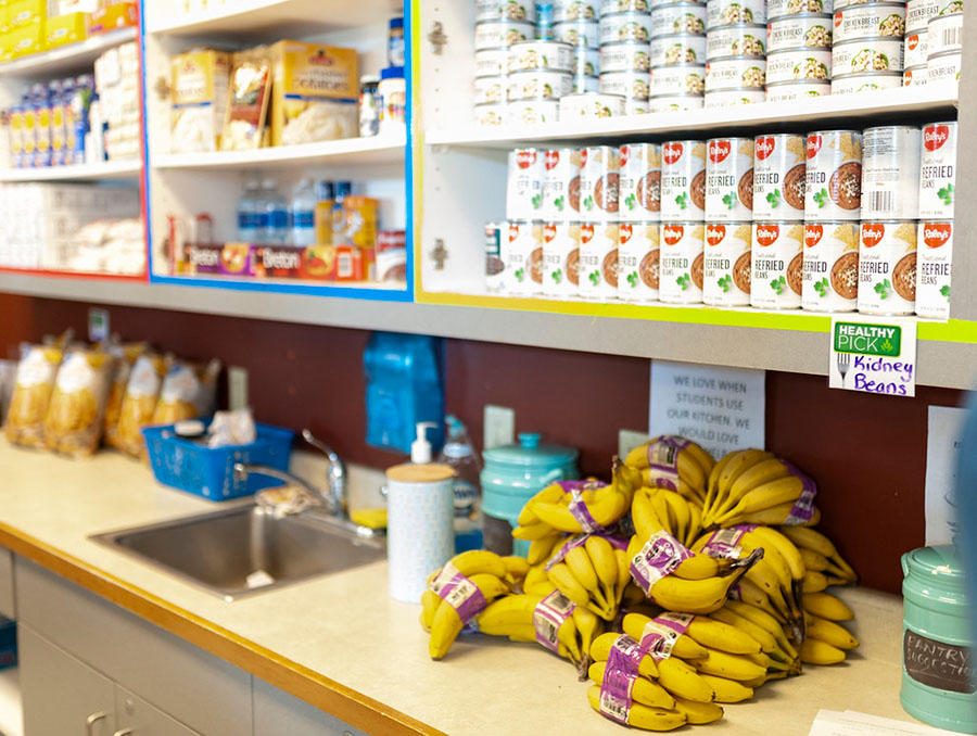 A room with a sink and shelves. On the counter are bananas in pile. On the shelves are canned food items.