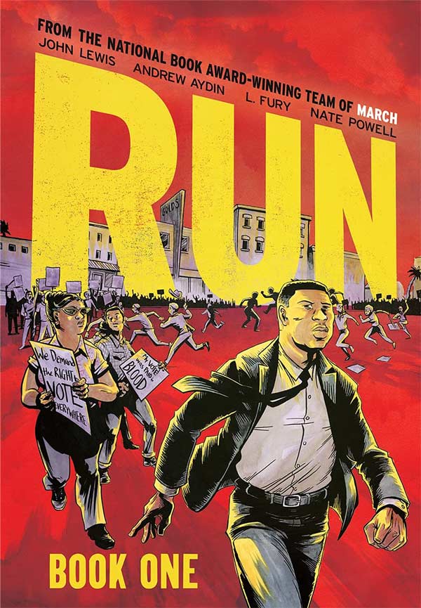 A book cover featuring an illustrated man moving away from a crowd of people holding signs and running. The tile reads, "Run: Book One".