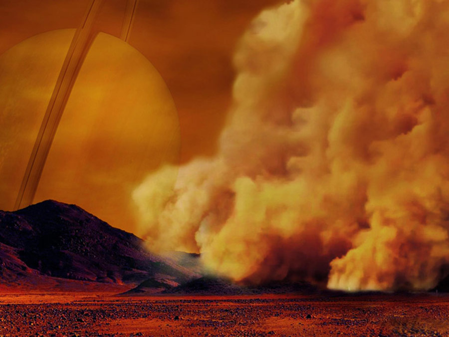 A NASA artist's rendering of Titan shows a dust storm on a reddish-orange planet, with Saturn shown in the moon's "sky".