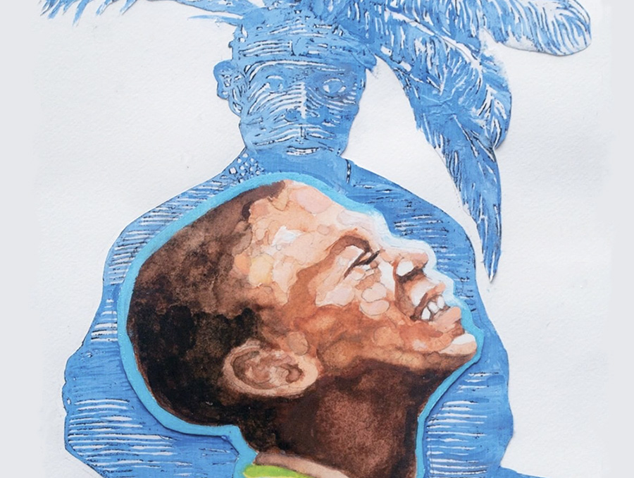Watercolor painting by James Gayles of a boy looking up at a blue ancestral man.