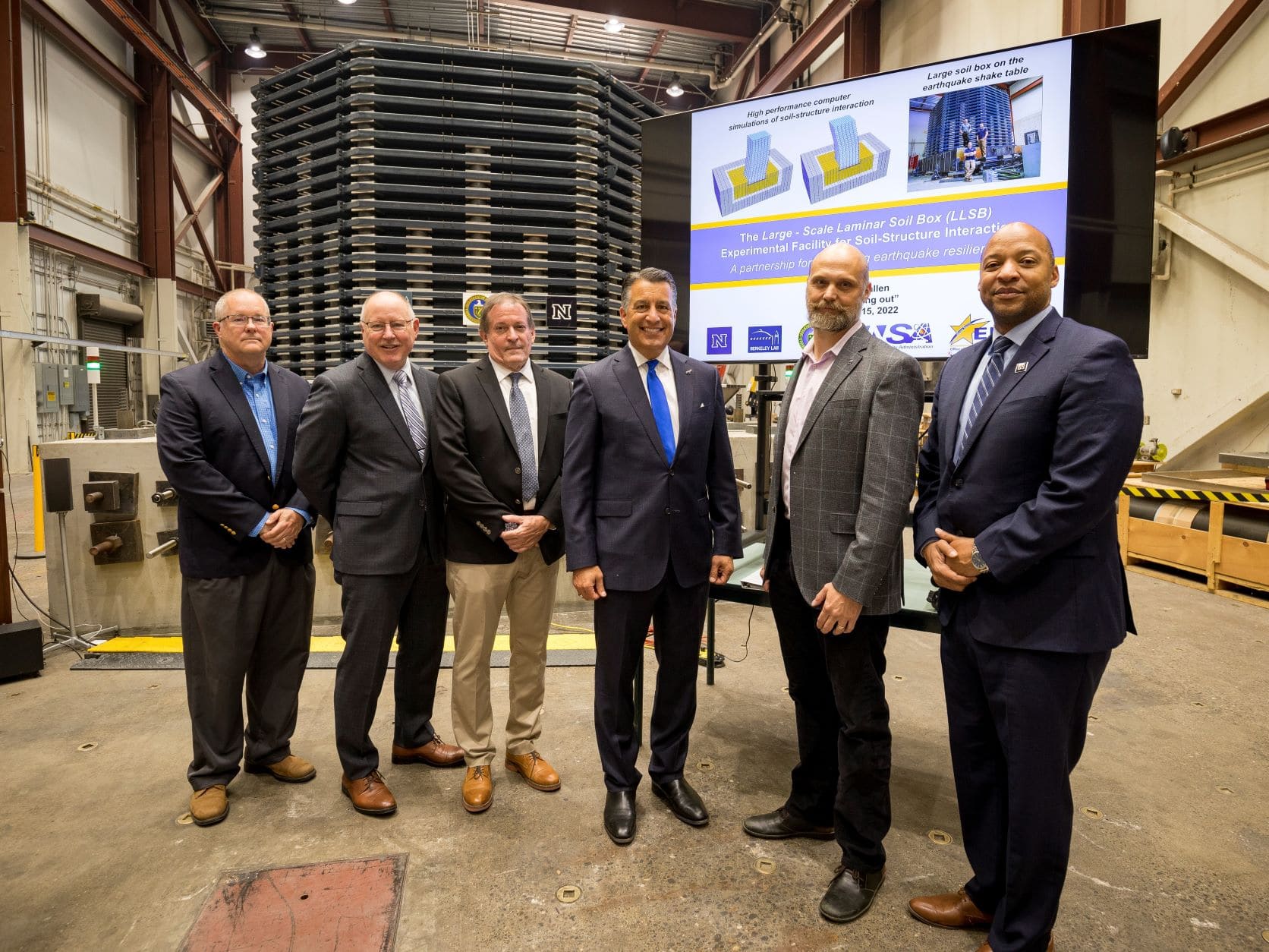 Six individuals representing the Soil Box System project collaborators in the Large-Scale Structures Engineering Lab.