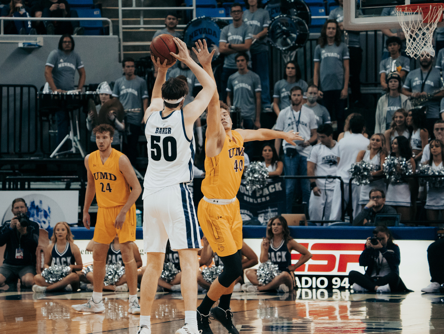 Will Baker takes a shot against UMD in Lawlor Event Center