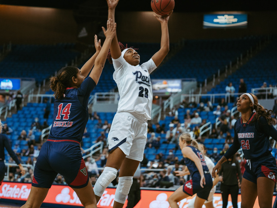 Lexie Givens with the ball against Fresno State in Lawlor Event Center