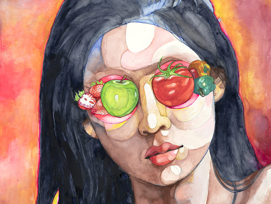 Watercolor painting of a lady with vegetables for eyes.