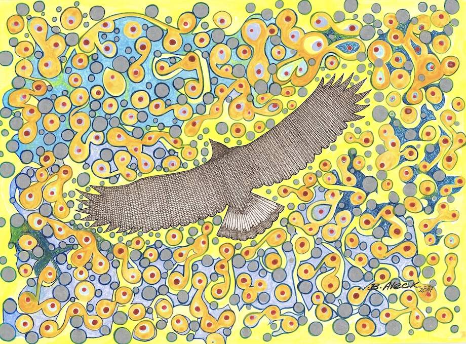 A painting with a yellow background and images of flowers with an eagle in the center, viewed from above as it flies.