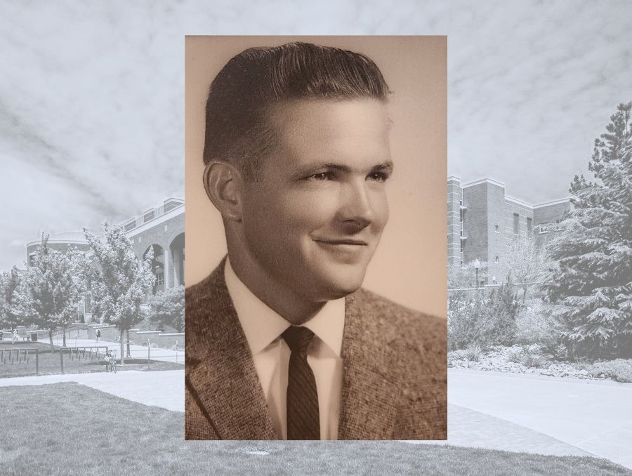 A sepia toned photo of a young Brian Whalen imposed upon a black and white photo of the University of Nevada, Reno's main campus.