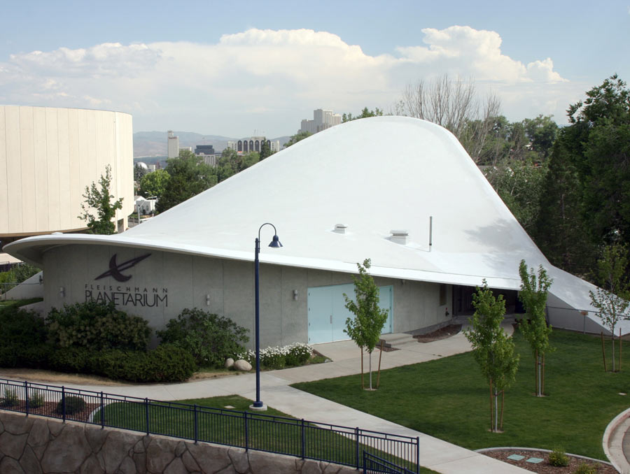 An aerial shot of the Fleischmann Planetarium.