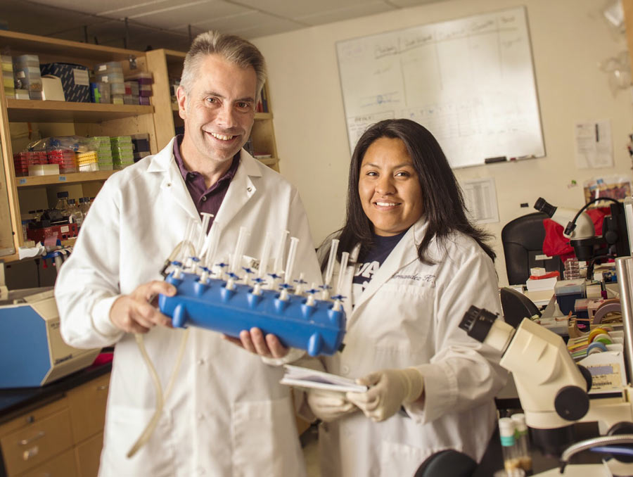 Karla Hernandez and Tom Kidd in the lab wearing lab coats and smiling. Kidd is holding a rack of tubes and syringes, and Hernandez is holding a lab notebook.