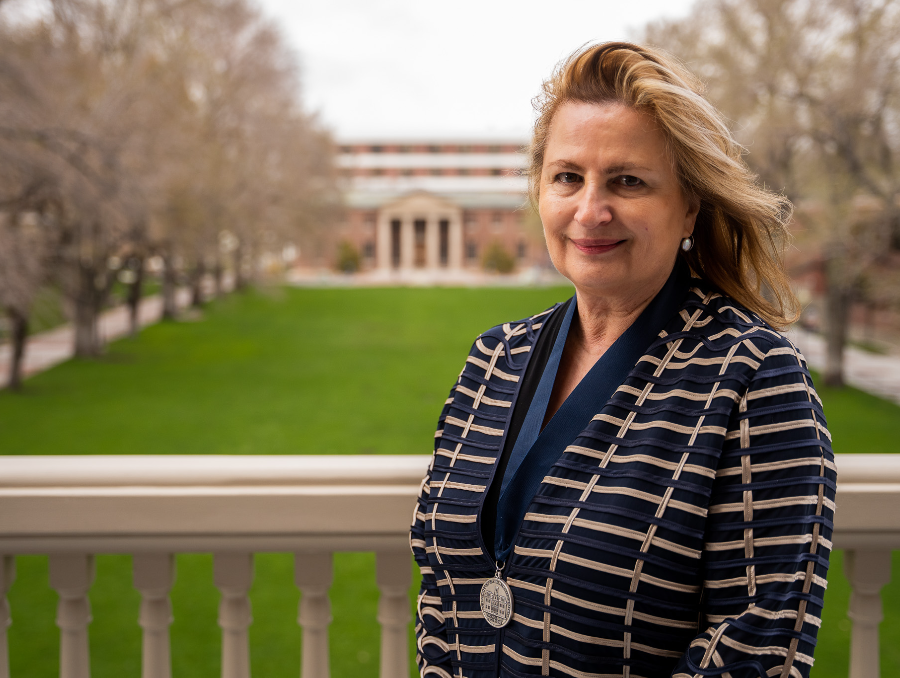 Violeta Mutafova-Yambolieva stands on the balcony of Morrill Hall at the University of Nevada, Reno.