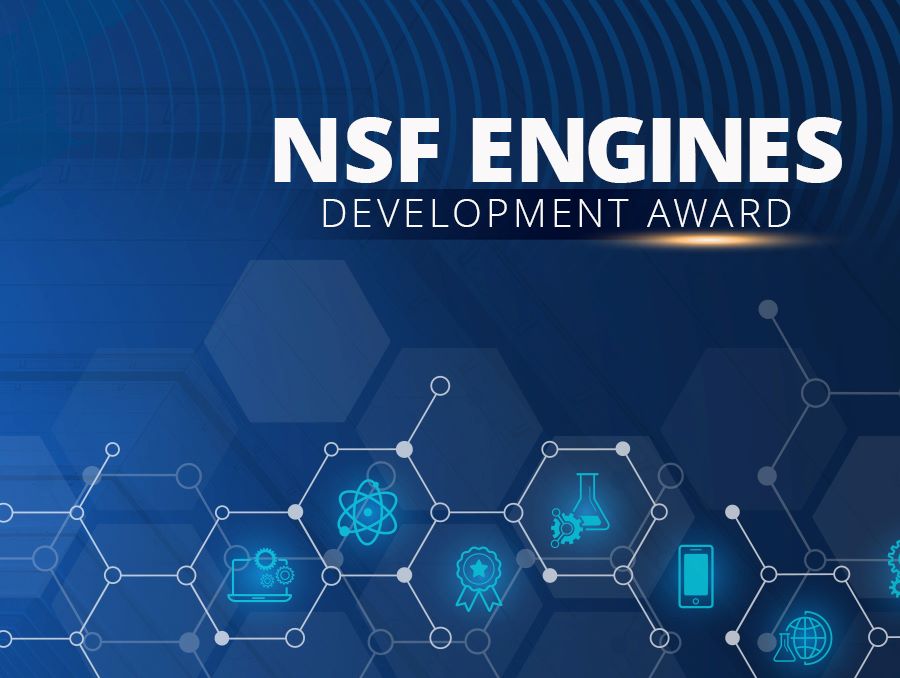 Pattern with representation of molecules, science and technology icons with the words, “NSF Engines Development Award."