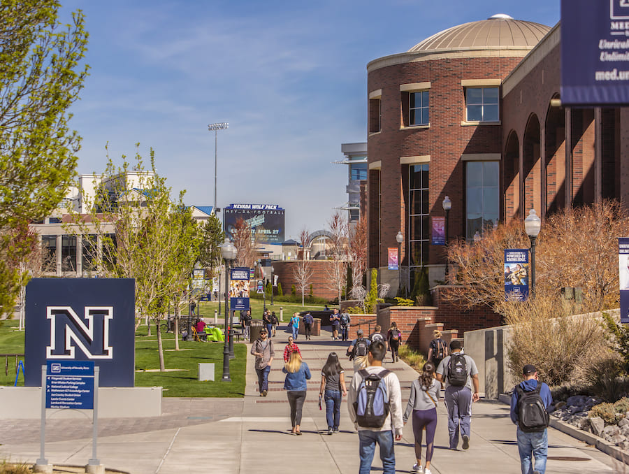 People walking on a sidewalk in between a lawn of grass on the left and a brown building on the right. Clear blue sky in background. 