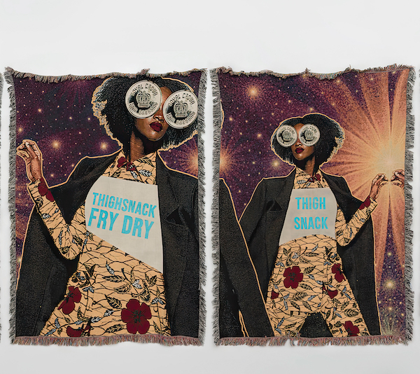 Artistic tapestries. On the left is a Black woman with a rose and vine shirt and an overjacket with the words "Thighsnack Fry Dry" on her chest and two icons over her eyes that say "Royal Crown." The same woman is depicted in the tapestry to the right, except she is touching a point in the universe that mirrors her fingertips and light exudes from the point.
