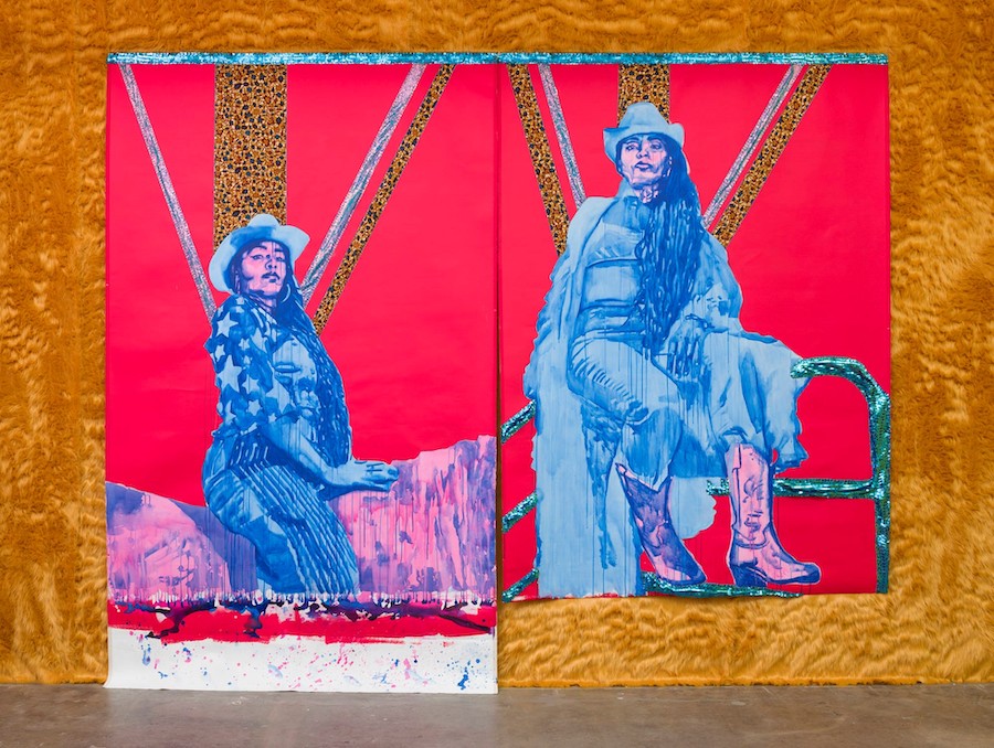 A vibrant piece of art depicting a red background an blue images of a woman wearing a cowboy hat. On the left she is on a horse, on the right she is on a fence. 