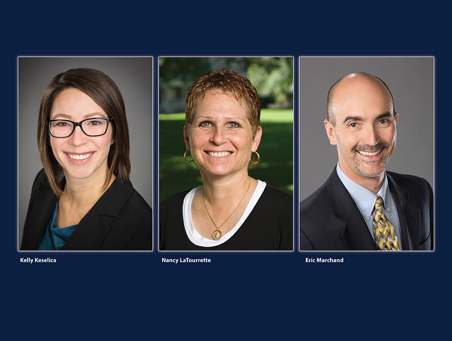 Head shots of the three professors who received the Hoeper award in spring 2023: Kelly Keselica, Nancy LaTourrette and Eric Marchand.