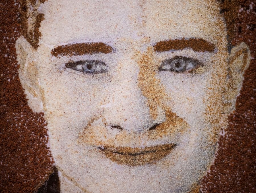 Portrait of Jake Roman made of flowers and other organic material.