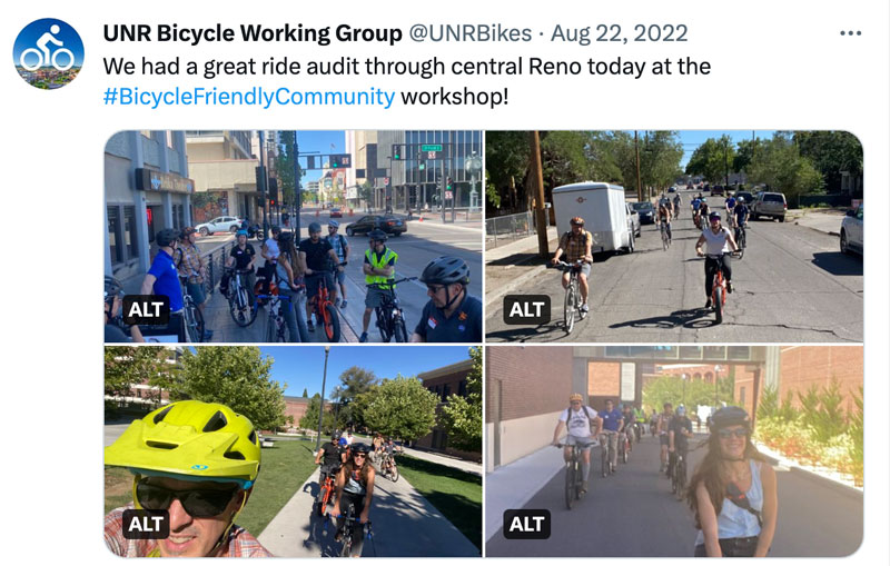 @UNRbikes Twitter post screenshot showing four photos of a group of cyclists with the caption "We had a great ride audit through central Reno today at the #BicycleFriendlyCommunity workshop!