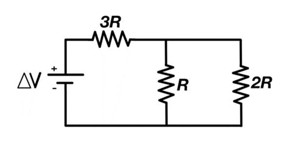 The circuit starts at the positive terminal of a battery labeled "delta V", extends up to a resistor labeled 3R, and extends to the right to split into two parallel vertical branches. The branch on the left has a resistor labeled R. The branch on the right has a resistor labeled 2R . The branches recombine, and the circuit ends at the negative terminal of the battery.