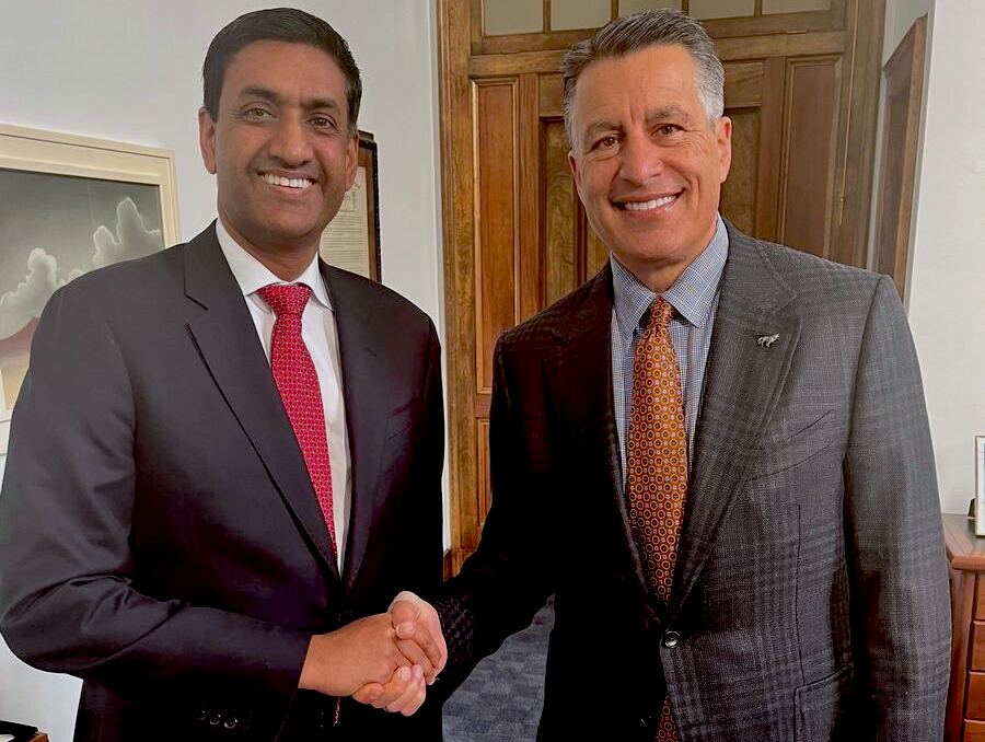 US Congressman Jo Khanna shakes hands with University of Nevada, Reno President, Brian Sandoval in Morrill Hall.