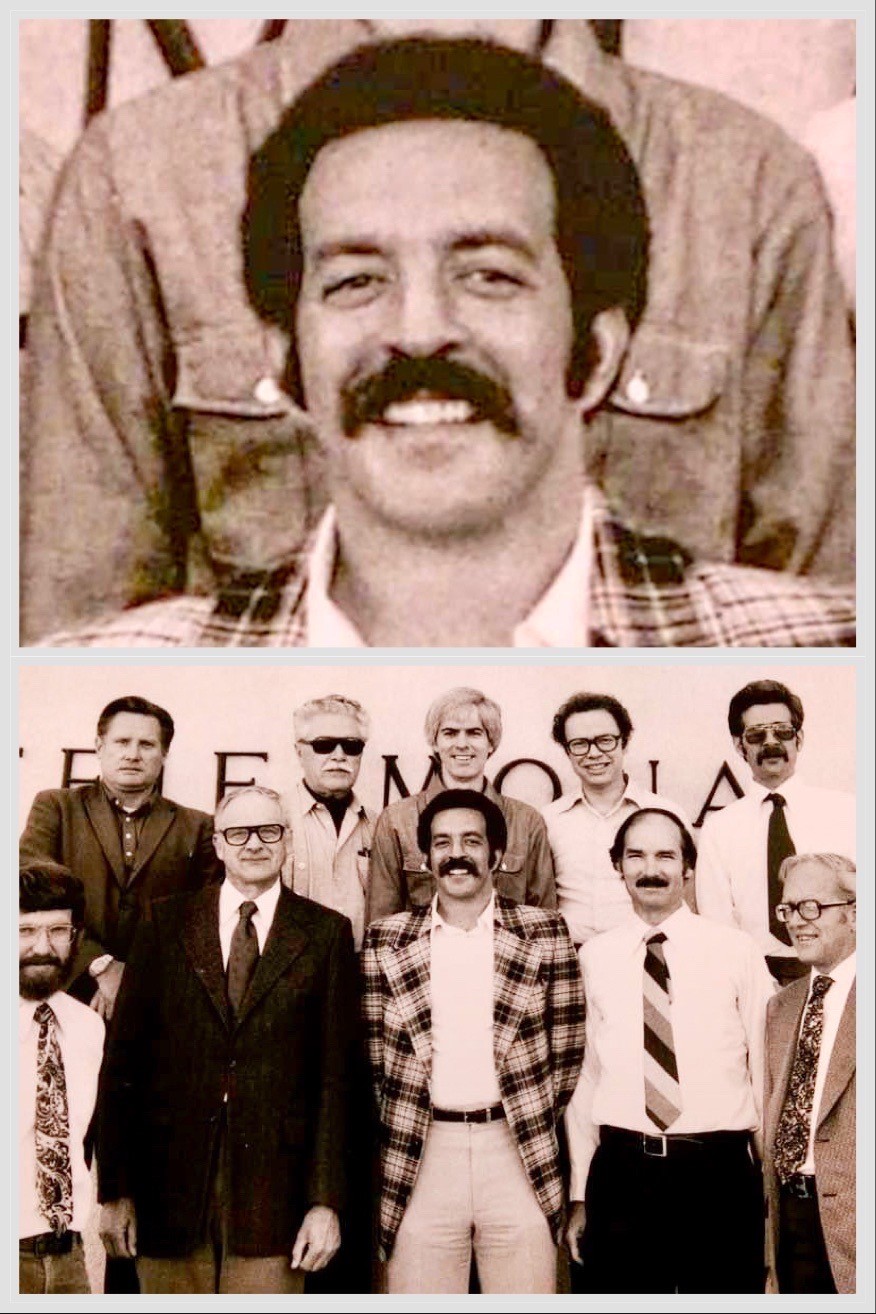 Two horizontal photos together. The top is a close up of Michael Coray smiling and the bottom is Michael with a group of members of the UNR history department from the 1970's.