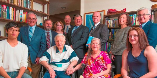 Group of University leaders, professors and students with donors, Fred and Alice Ottoboni.