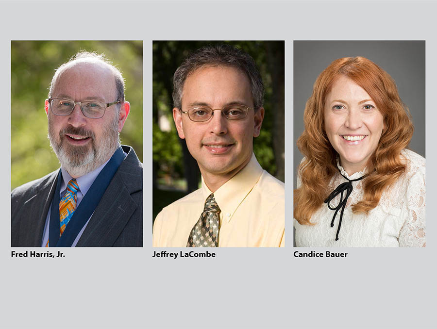 Photo collage with head shots of Fred Harris, Jeffrey LaCombe and Candice Bauer