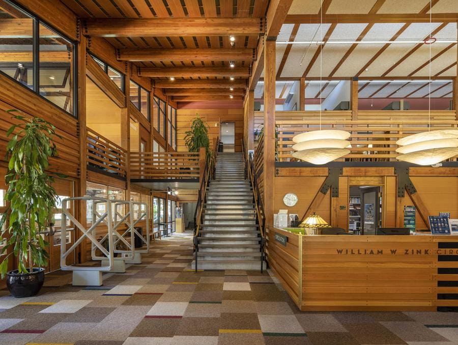 Interior shot of the circulation desk at the Prim Library at the UNR at Lake Tahoe library.