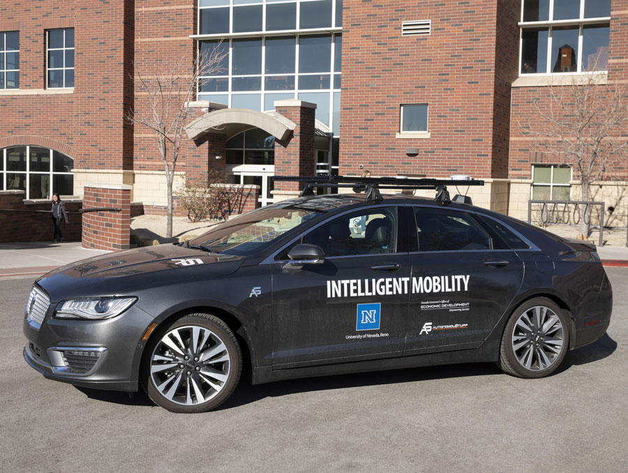 An autonomous vehicle, a Lincoln MKZ, serves as a research and testing platform for the University’s Intelligent Mobility, a cooperative initiative created to discover solutions to safer, cleaner, efficient transportation.