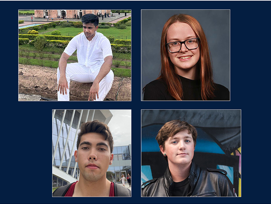 Photo collage of head shots of WolfHack@UNR team members Roohan Amin, Amber Hankins, Austin Finch and Ryan Tanner.