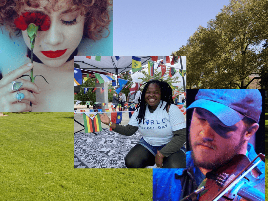 A collage of images. The background shows the University quad with a headshot of Whitney Myer on the top left, a woman at a pervious Northern Nevada International Center festival smiling in the center and a headshot of Graham Marshall on the bottom right.
